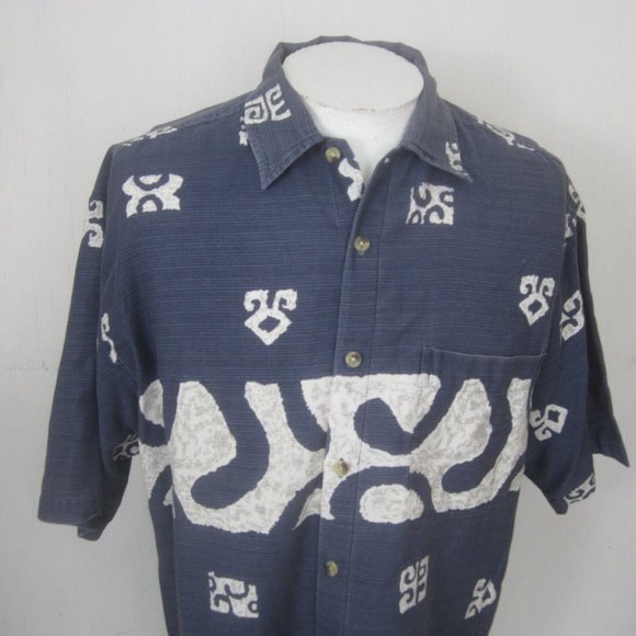 Common Man Dale Waters Men Hawaiian camp shirt p2p 25 L tribal cotton blue vtg - Picture 4 of 8